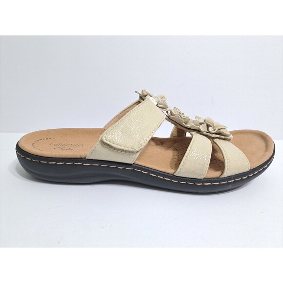 Clarks Floral Sandals Womens 7.5 Laurieann Flower Judi Beige Slip On Strappy - Picture 2 of 10